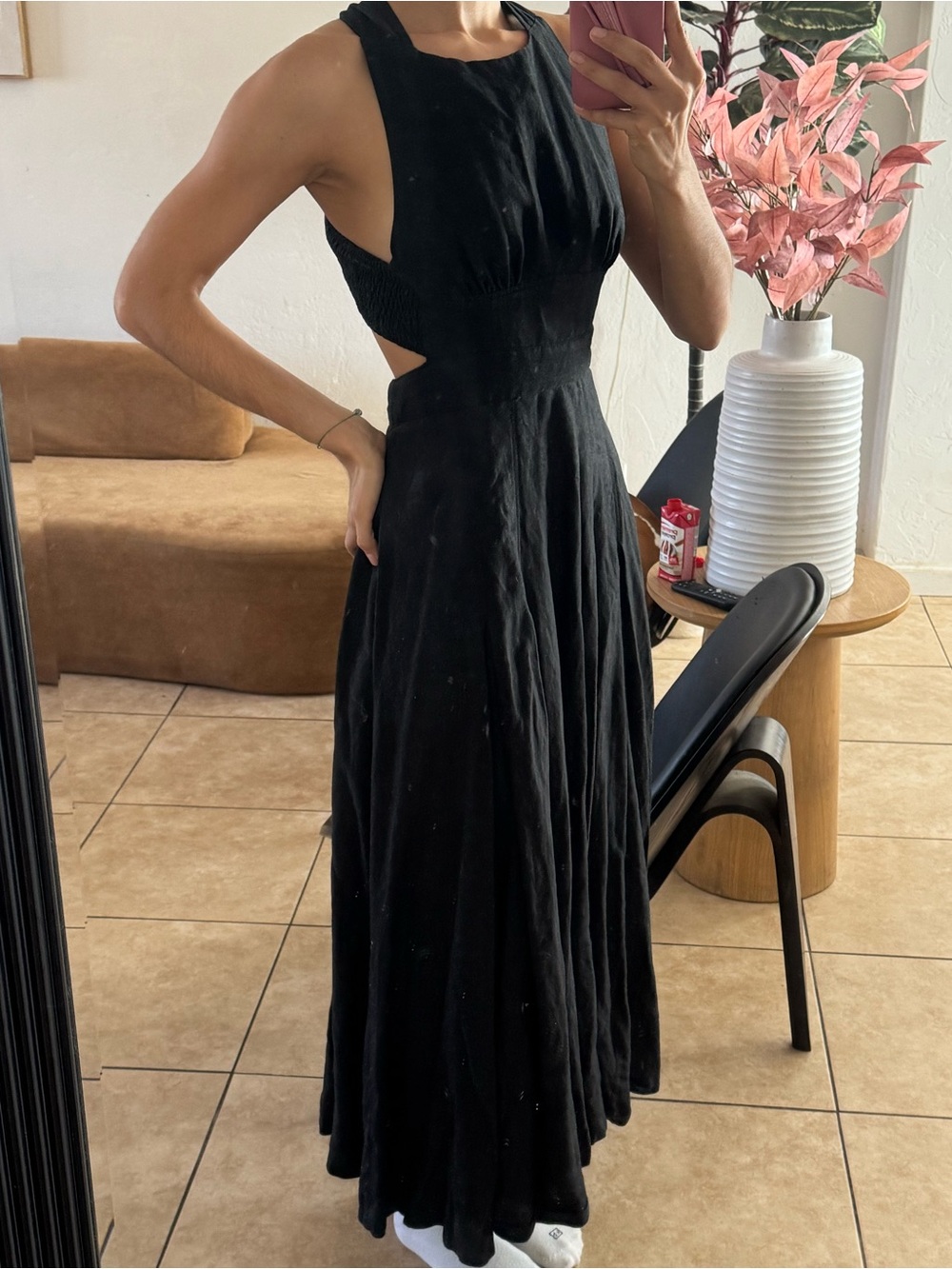 Black Sleeveless Cutout Linen Maxi Dress